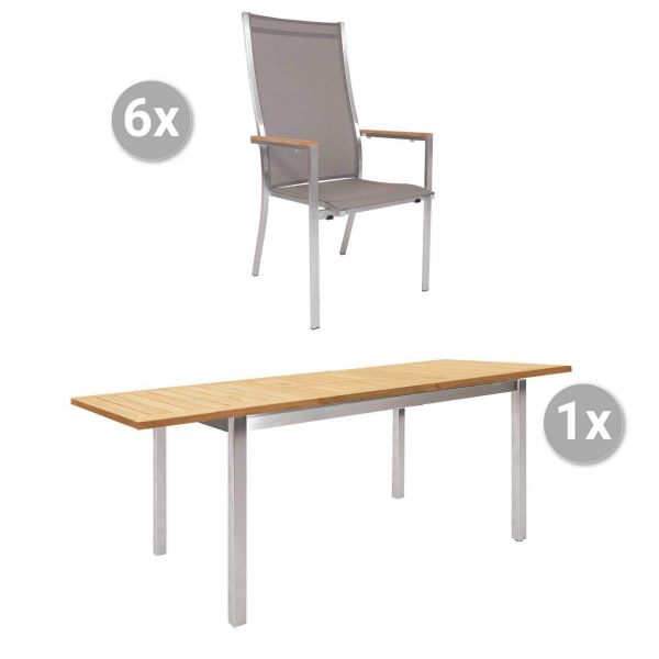 Set Mallorca Ausziehtisch 150/207x90cm + 6 Monte Carlo Stapelsessel hoch, Edelstahl/Teak