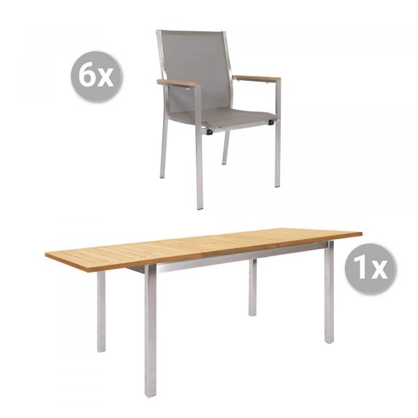 Set Mallorca Ausziehtisch 150/207x90cm + 6 Monte Carlo Stapelsessel niedrig, Edelstahl/Teak