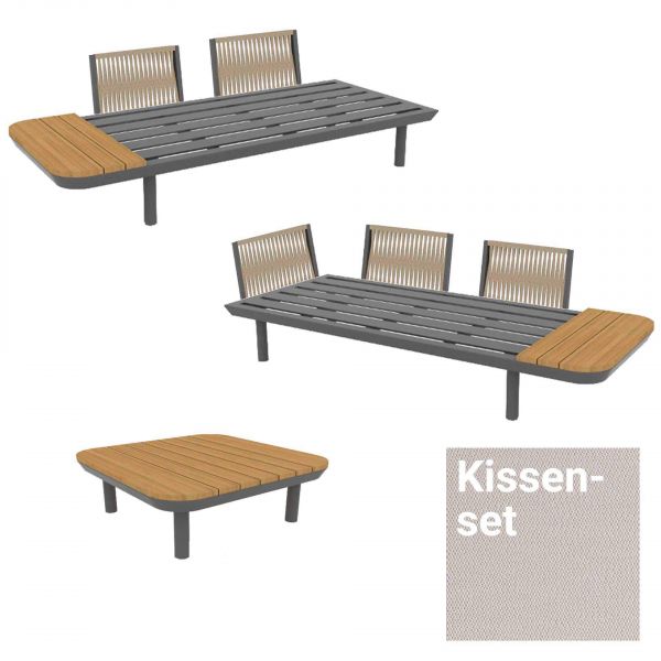 Tyler Lounge Set, 2 x 2-Sitzer Basismodul, 1 x Beistelltisch grau/Teak, Kissen Sunbrella® shingles