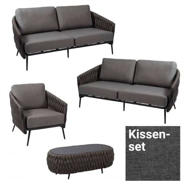 Palm Socks Lounge Set, 2 x Sofa, 1 x Sessel, 1 x Kaffeetisch grau/ Kissen Agora® panama grafito