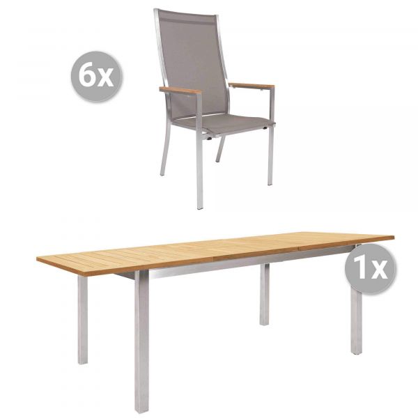 Set Mallorca Ausziehtisch 200/257x100cm + 6 Monte Carlo Stapelsessel hoch, Edelstahl/Teak